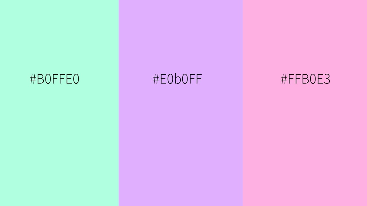 medium color difference of b0fff0, e0b0ff, and ffb0e3