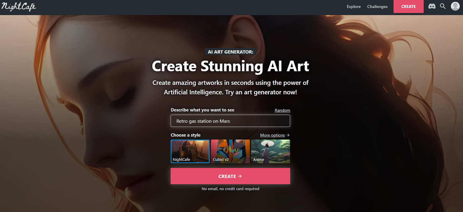 nightcafe AI art generator interface