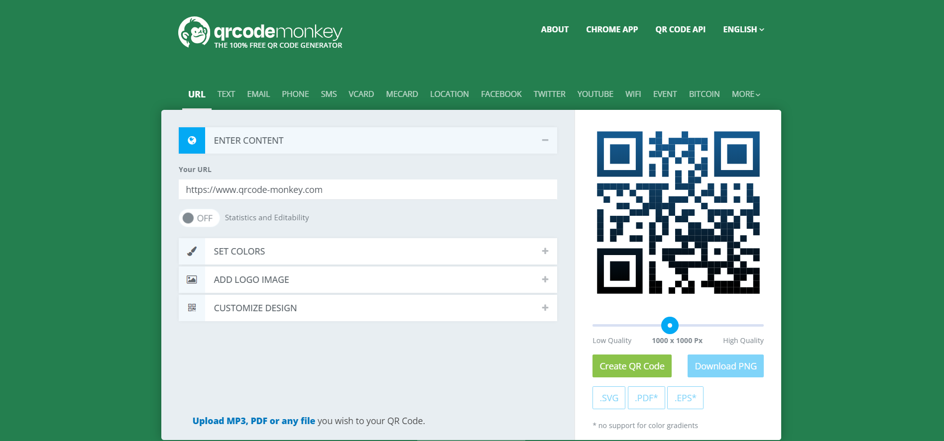 homepage of the free qr code maker from qr code monkey