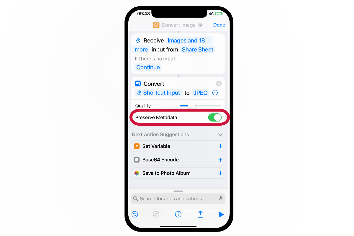 open preserve metadata in the shortcuts on iphone