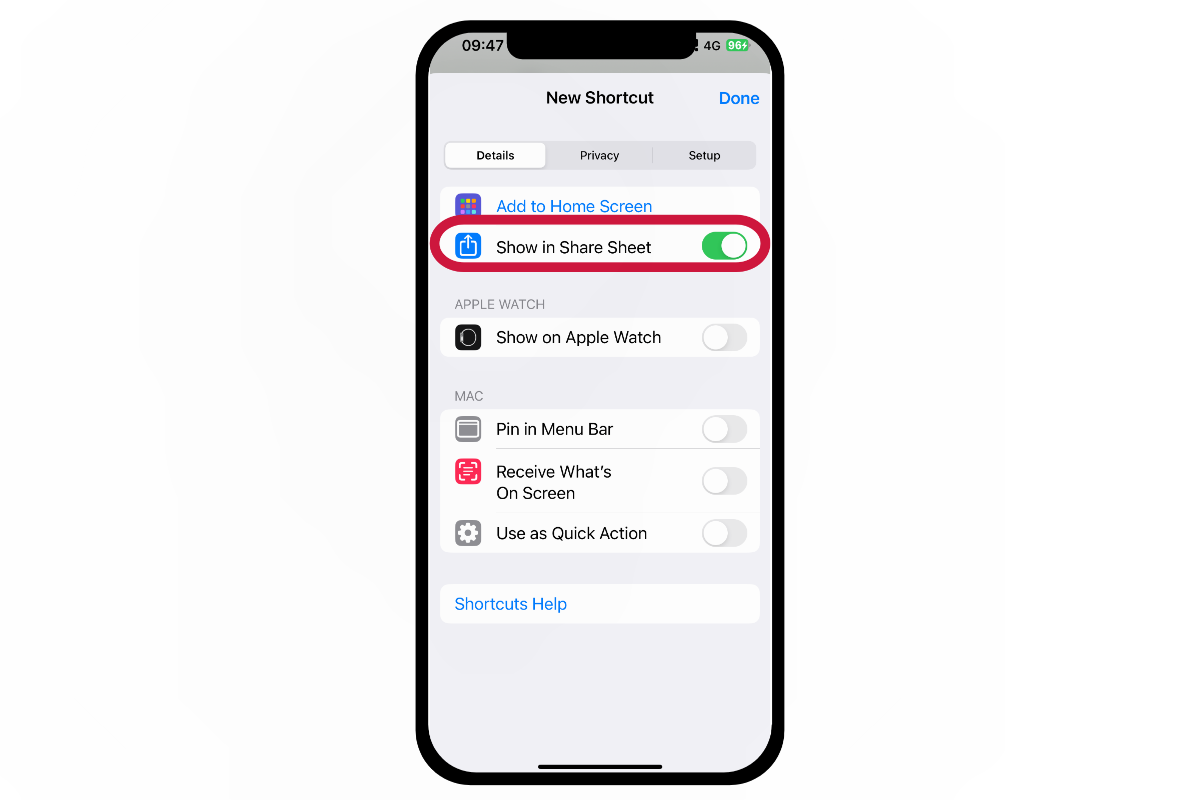 open the share sheet icon when creating shortcuts on iphone