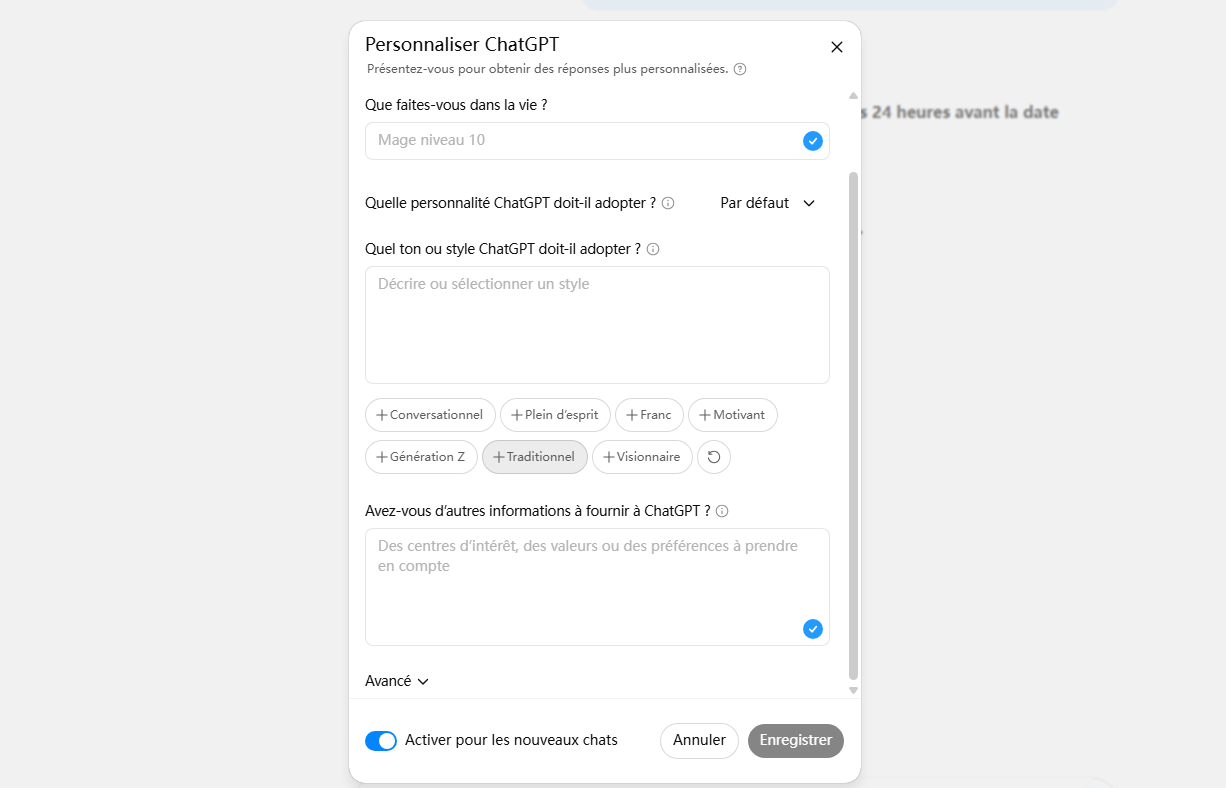personnalier chatgpt pour le gpt 5
