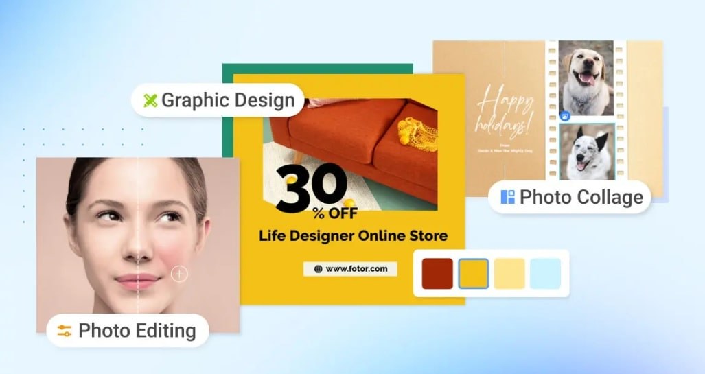 photo editing, graphic design and collage feature in fotor