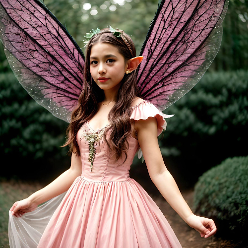 a girl wears a pink dress, a pair of wings, and elf ears