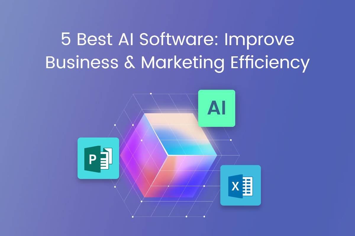 purple background ai software banner with ai, excel and presentation icons