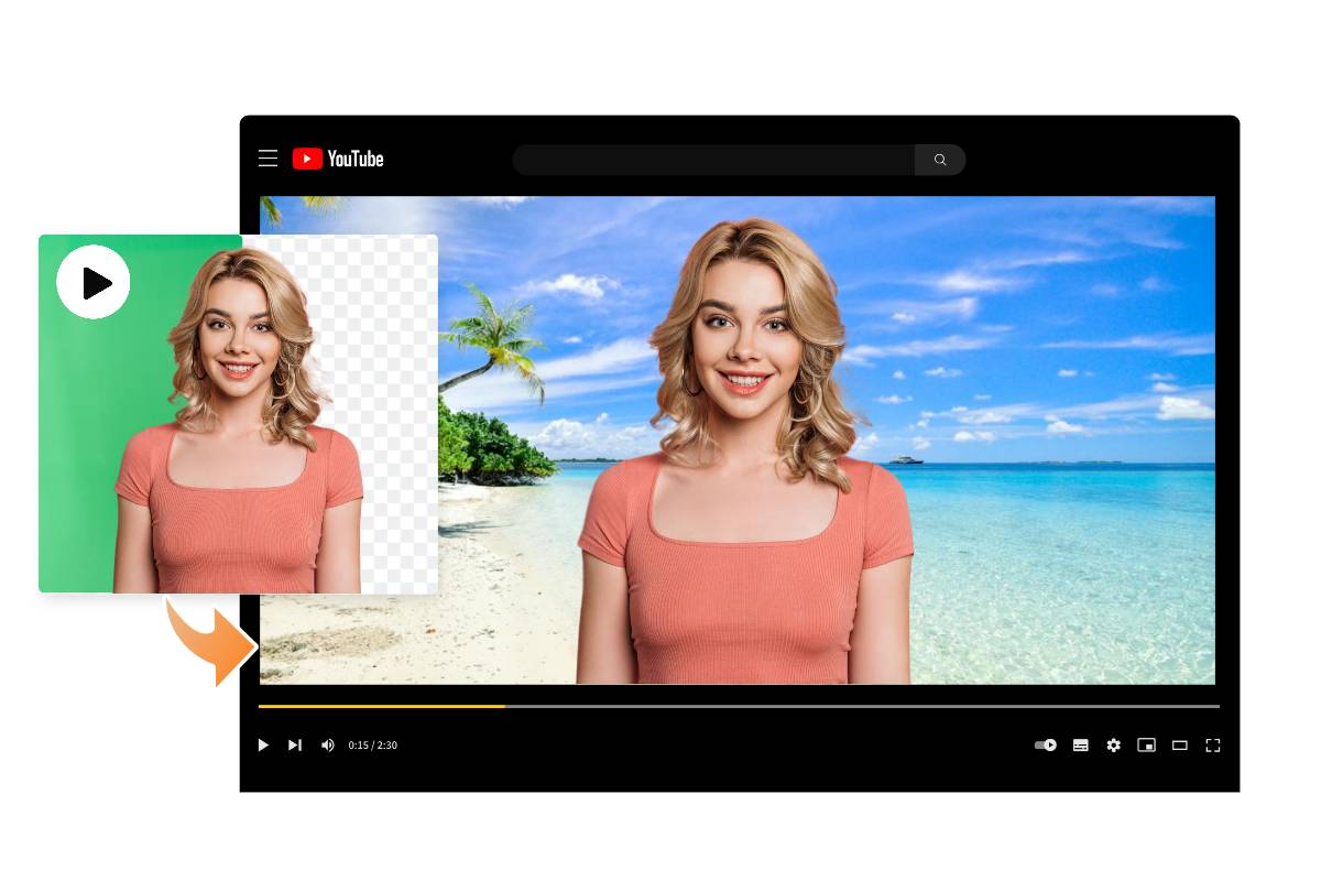 remove green screen and add a sea beach background to a woman video