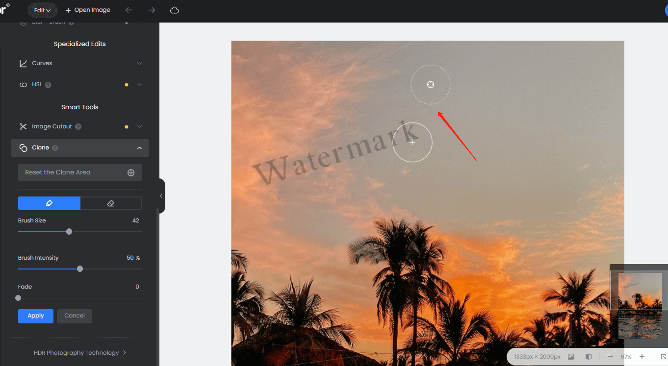 how to remove watermark from a photo with clone tool in Fotor