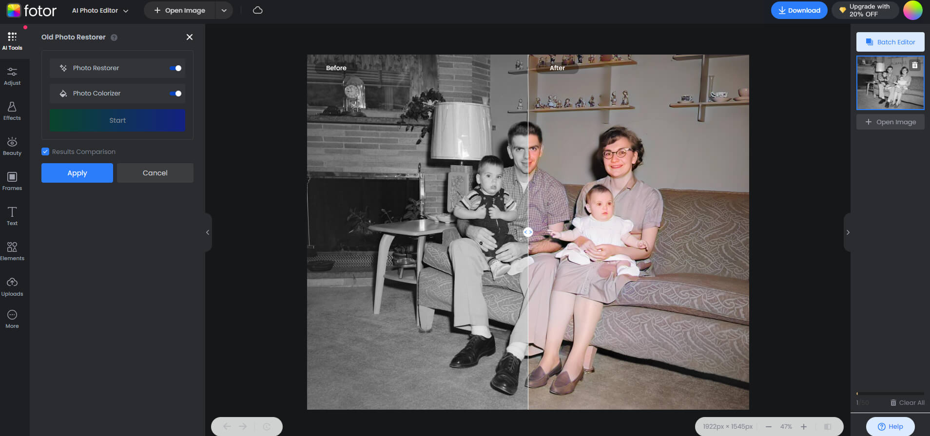 restore and colorize an old black and white family photo on fotor