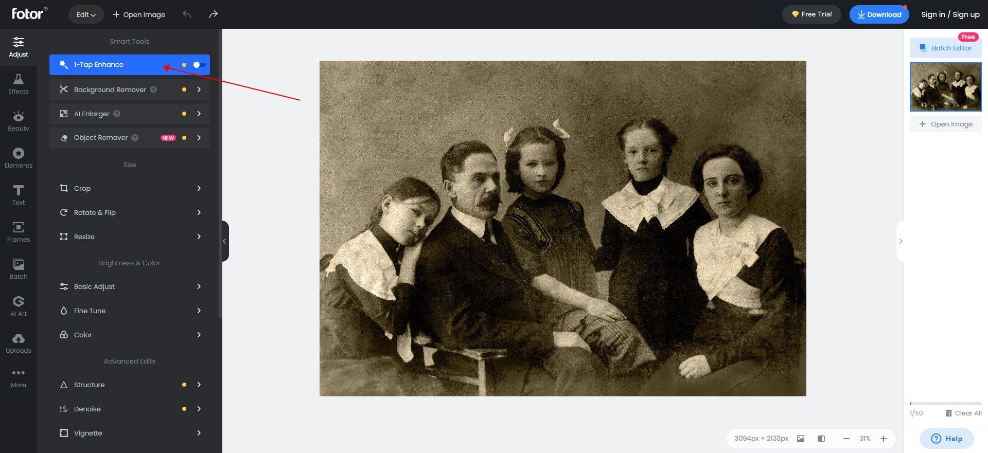 restore an old family photo in fotor
