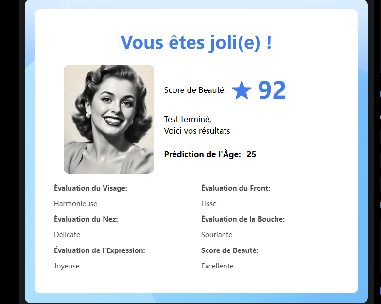 resultat de score de beaute sur ai facefy