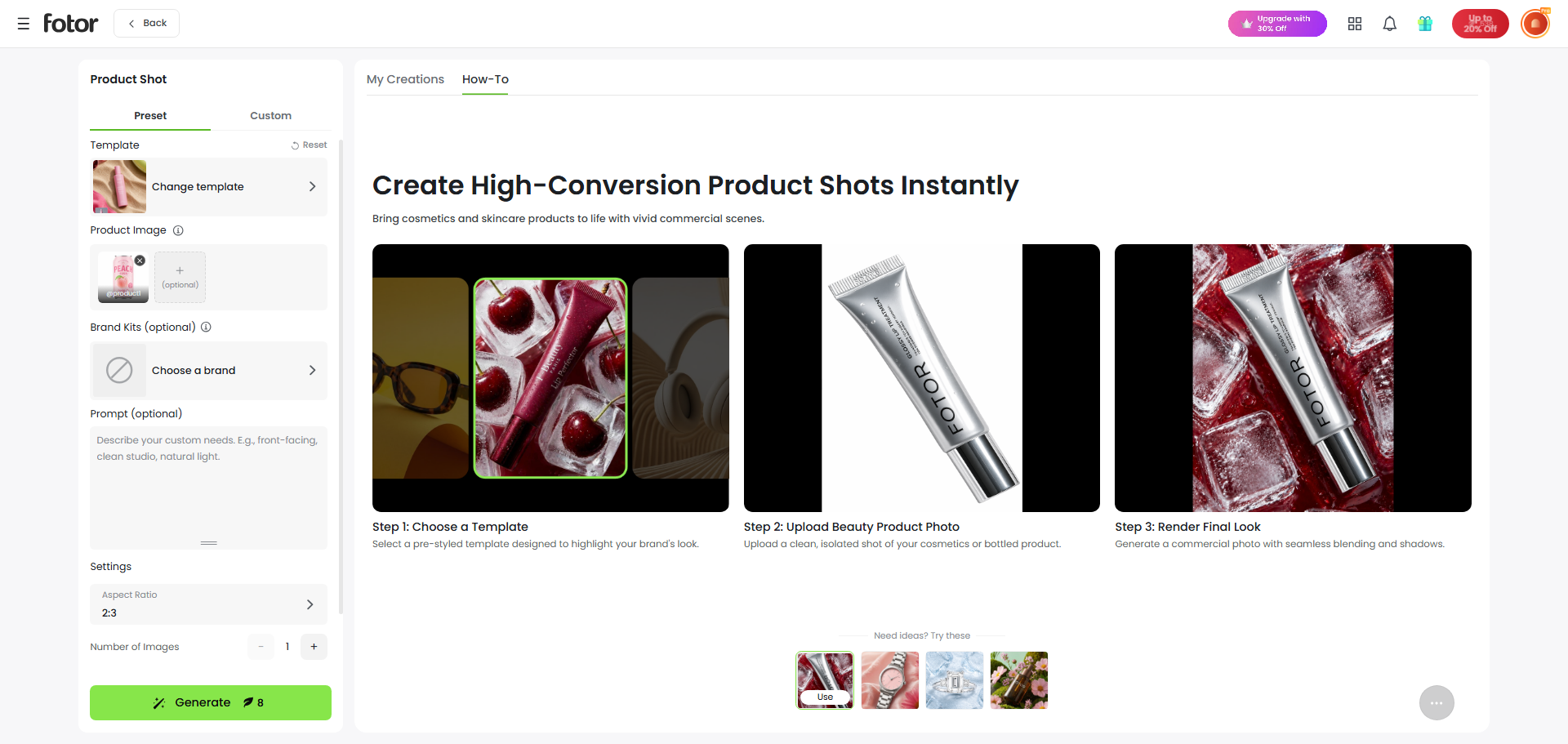 The UI of Fotor's AI product photo generator