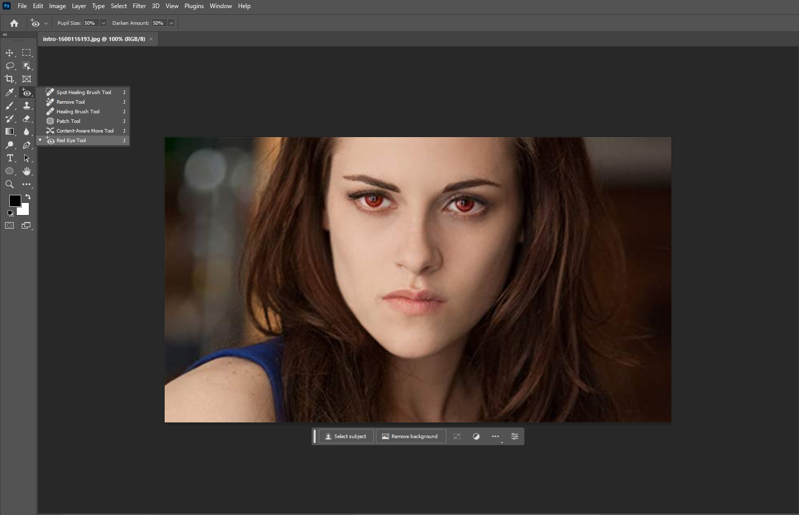 select the red eye tool in photoshop