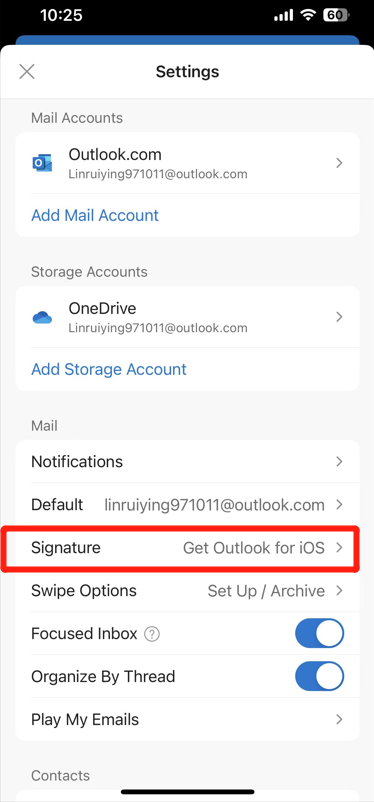 setting interface of outlook mobile app