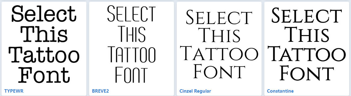 best simple tattoo fonts, including typewr, breve2, cinzel regular, and constantine
