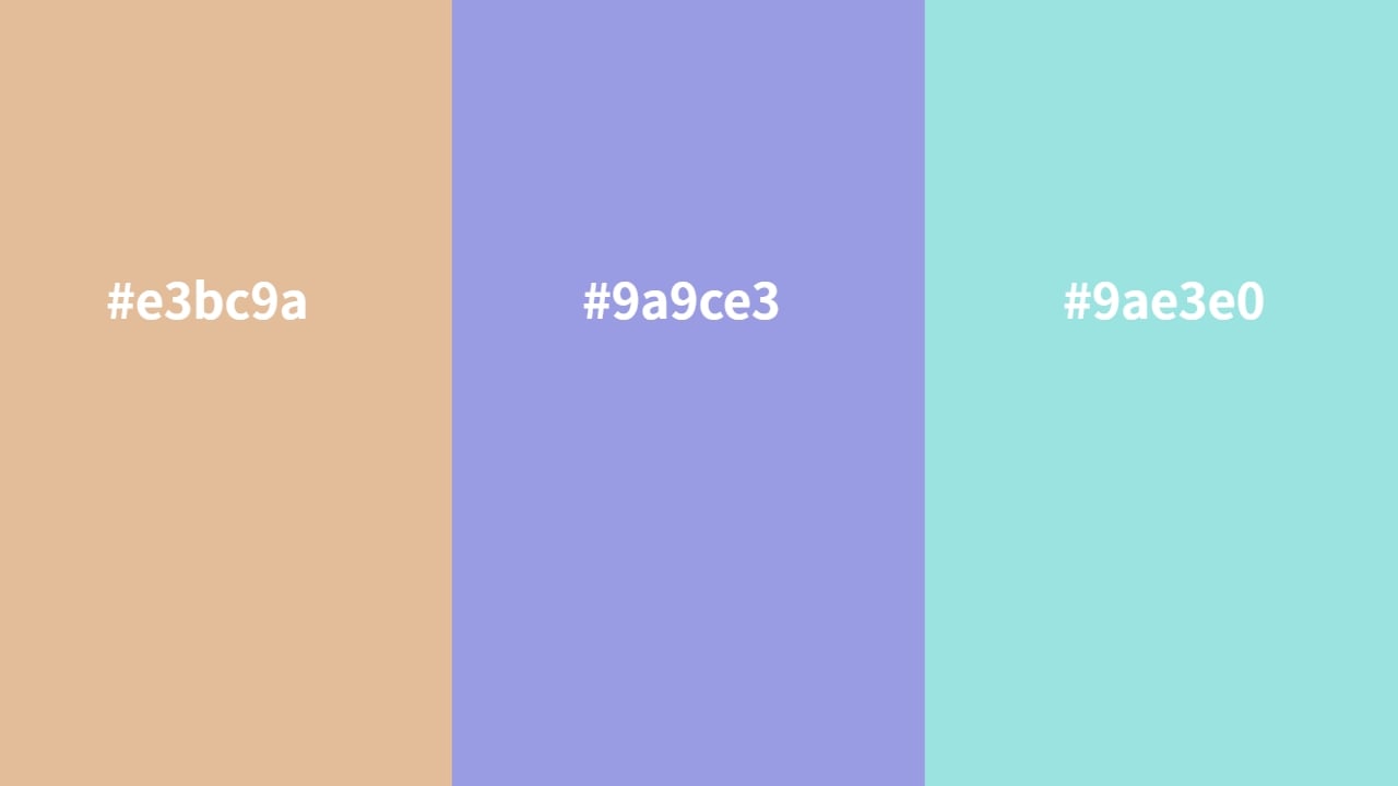 split-complementary colors of e3bc9a, 9a9ce3, and 9ae3e0