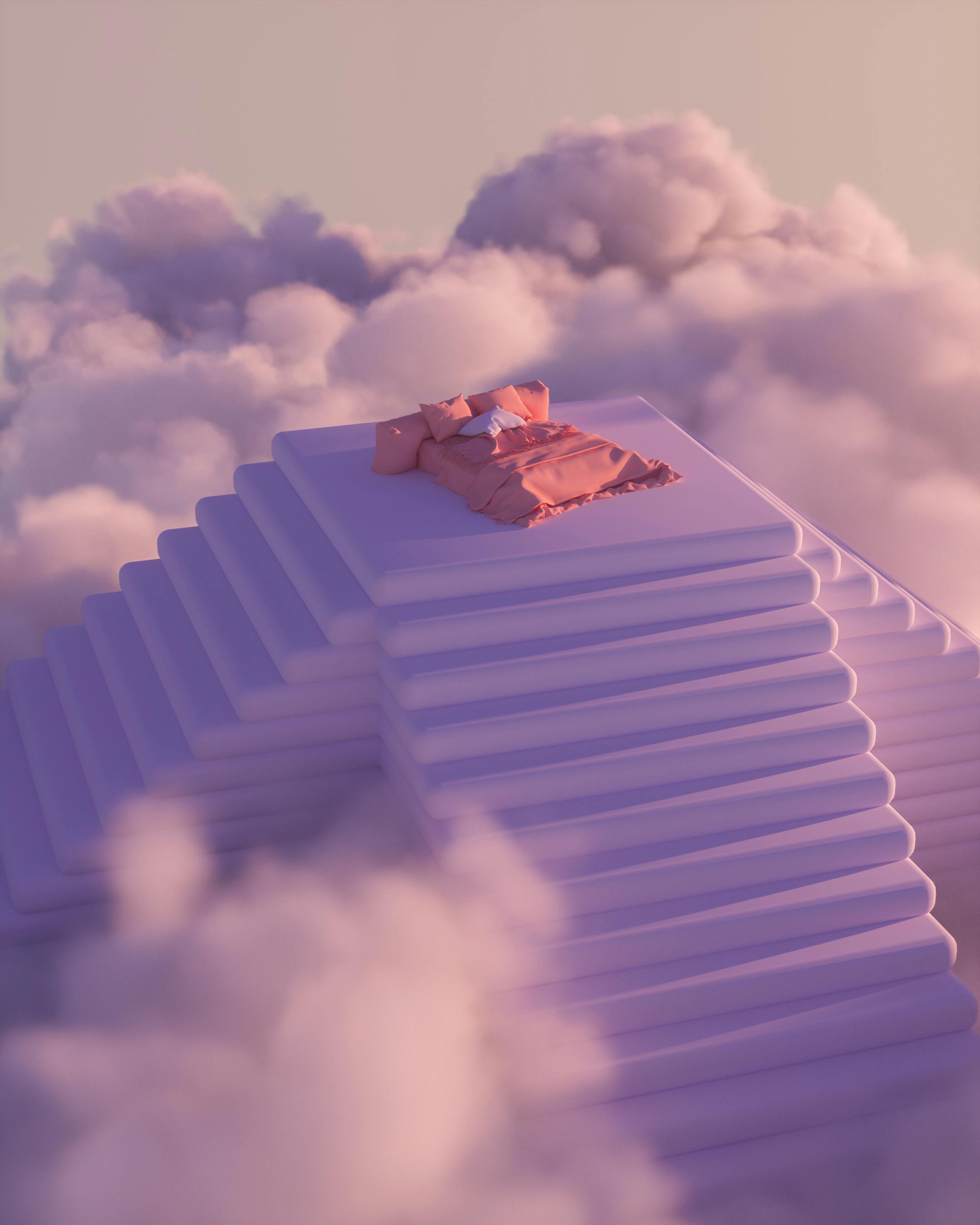 surreal scene of a stairs and bed in the clouds