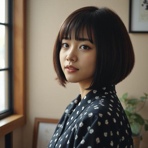 和服を着るタッセルボブの日本人女性