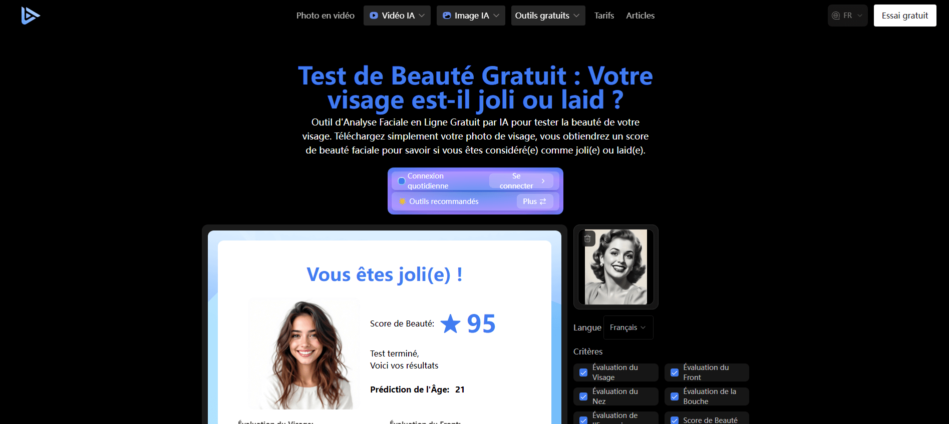 test de beaute avec ai facefy