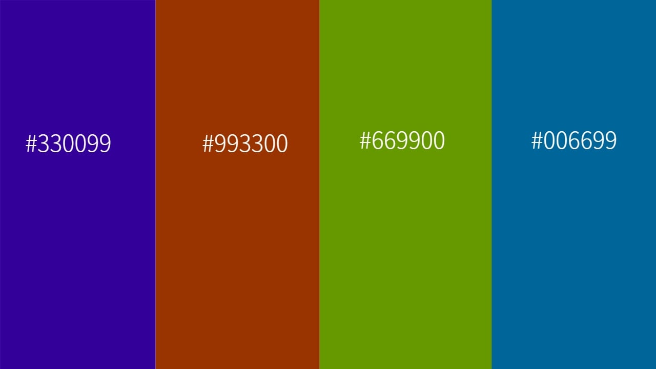 tetradic color palette of 330099 , 993300, 669900, and 006699