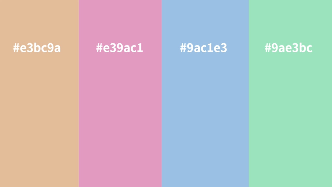 tetradic color palette of e3bc9a, e39ac1, 9ae3bc, and 9ac1e3