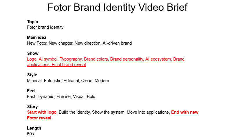 The brief for fotor brand identity video generation with fotor agent