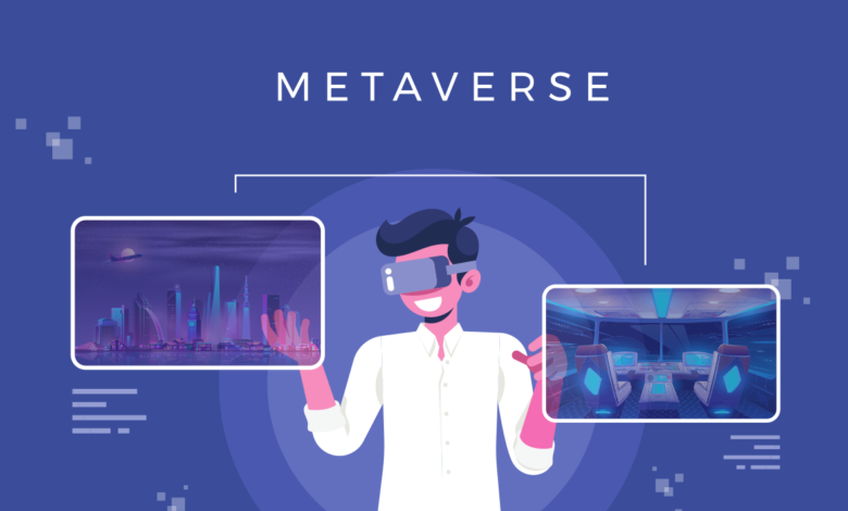 cartoon picture with a man, two digital boards and metaverse