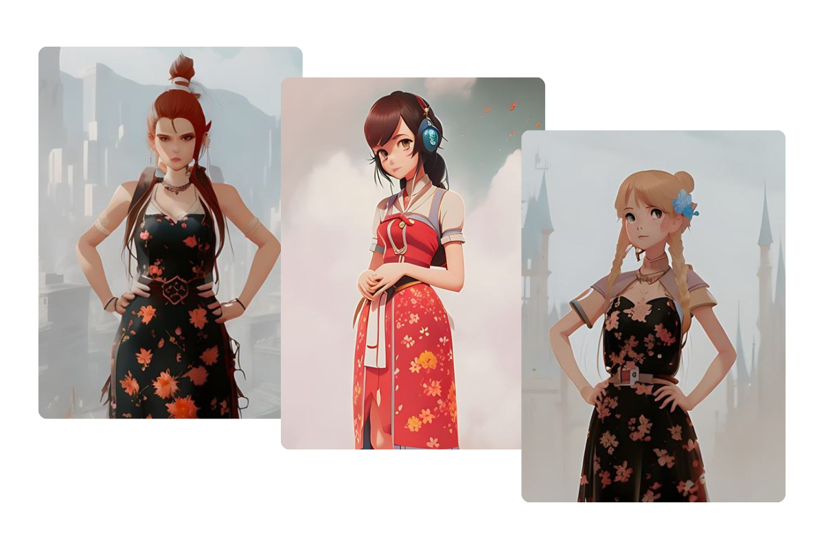 three girl cartoon characters made by fotor character generator