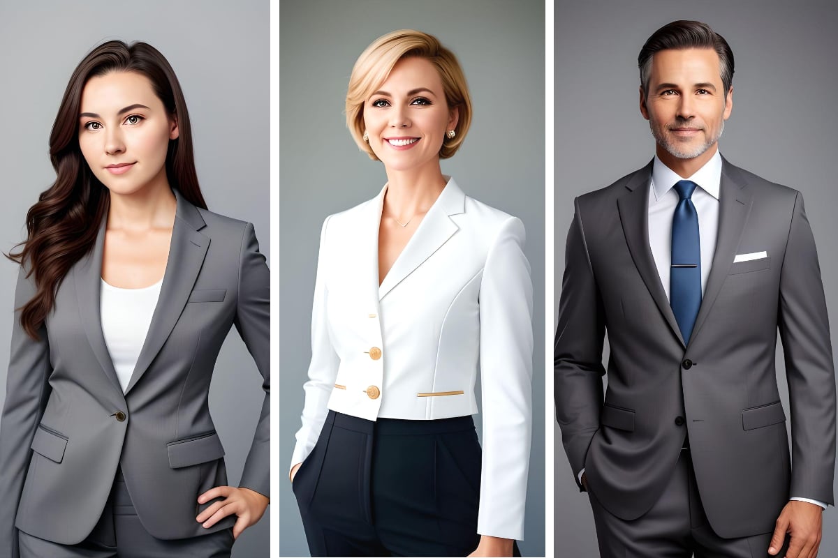 three professional corporate headshot photographs of two women and a man