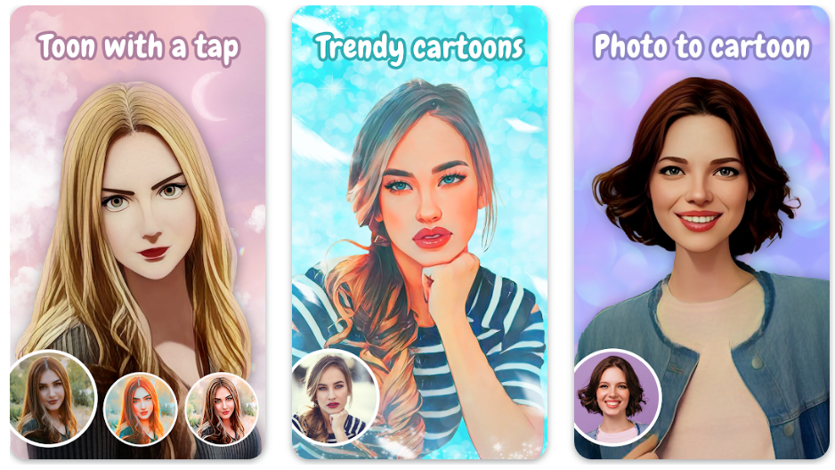 use toonme photo cartoon maker app to turn three females into cartoon characters