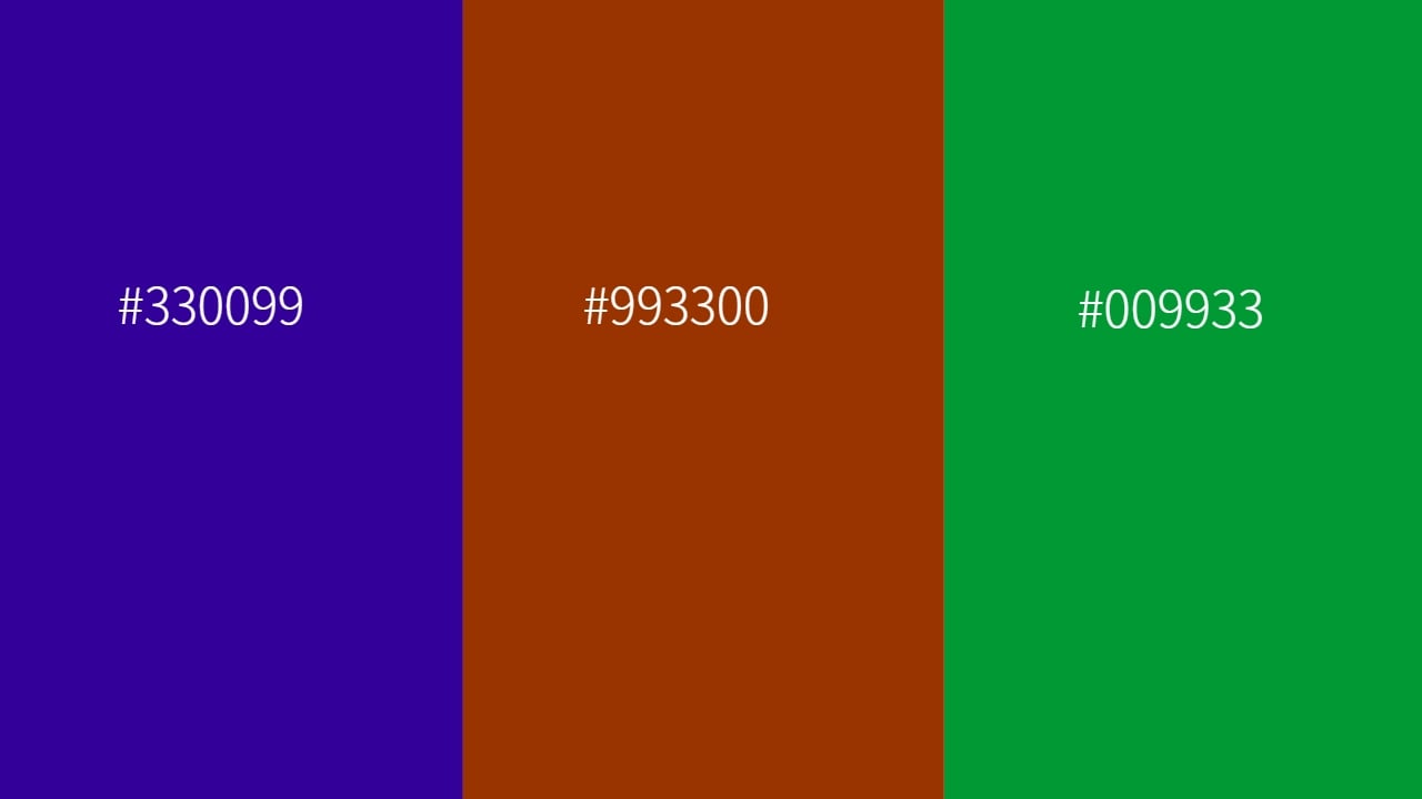 triadic color of 993300, 009933, and 330099