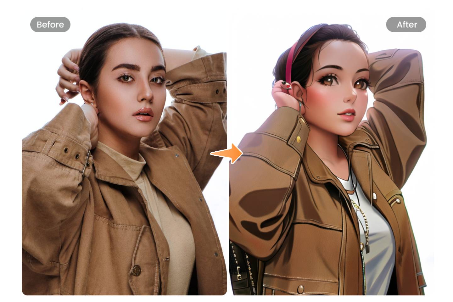 apply the anime filter for the female wearing a dark brown coat