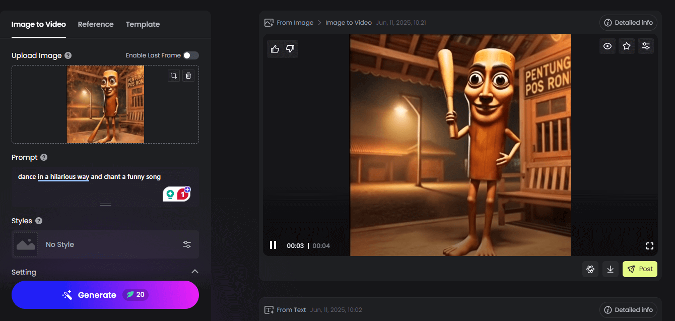 turn a still photo of a tung tung tung sahur character into a dynamic video in fotor