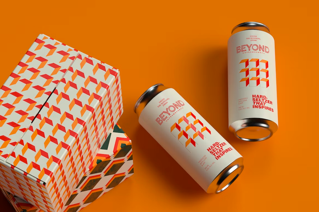 two cans and boxes in the colorful packages on the orange background