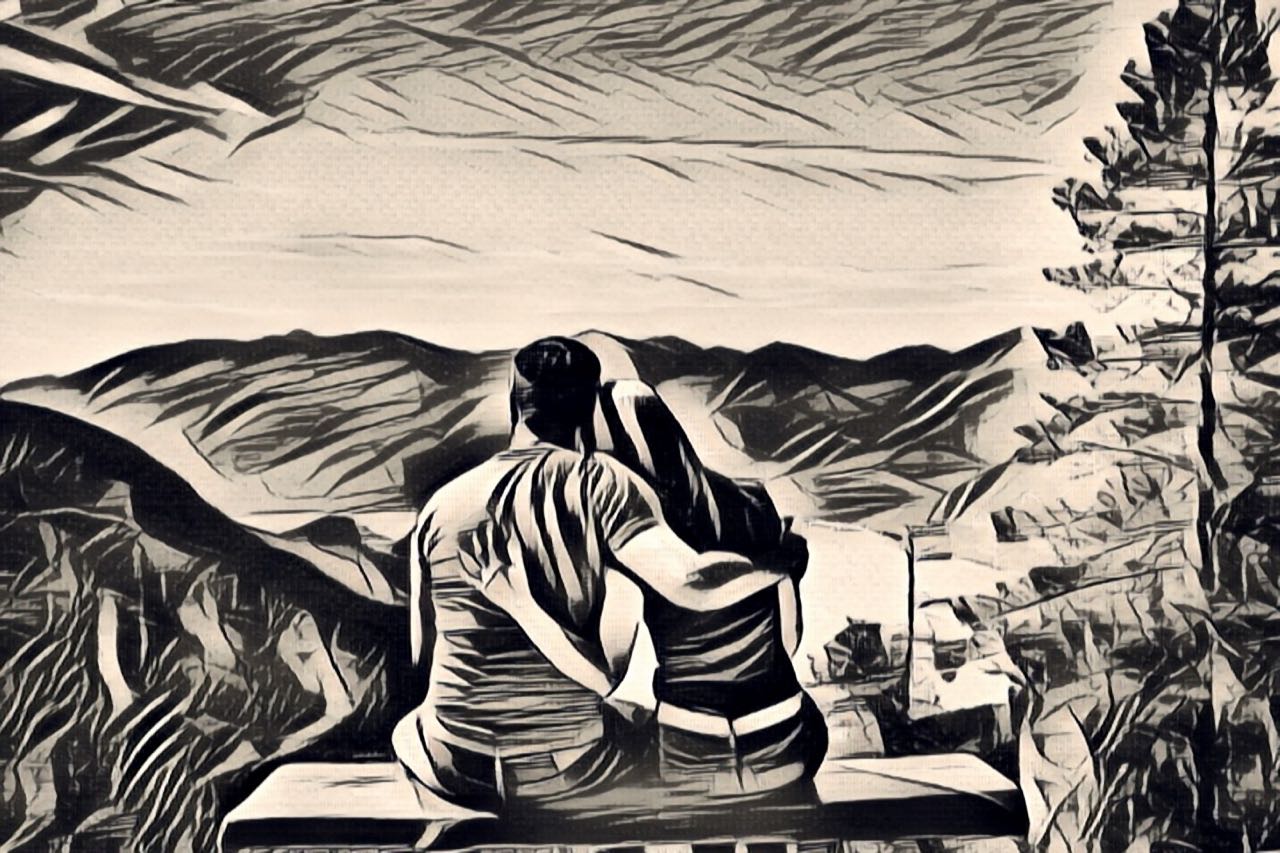 two people embracing together painting with sketch effect