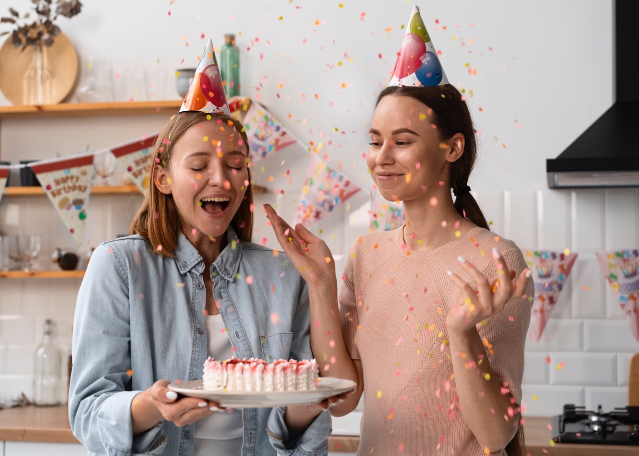 two smiling girls celebrating birthday one girl holding a birthday cake