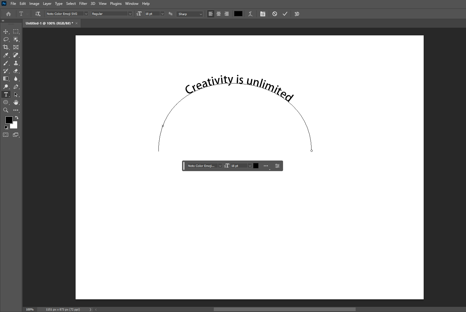 type the text in the curve line to curve text in photoshop