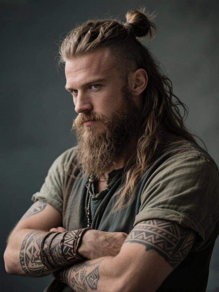 un homme musclé avec une coiffure homme coupe Viking