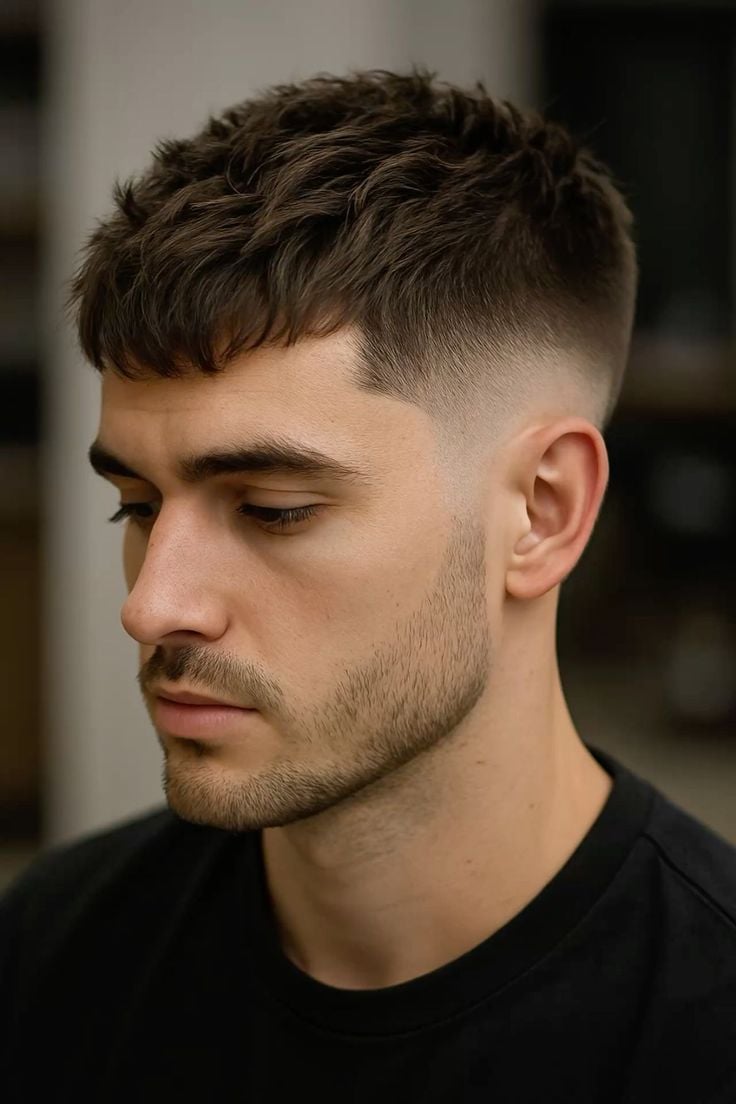 un homme portant un tee-shirt noir avec une coupe homme French crop