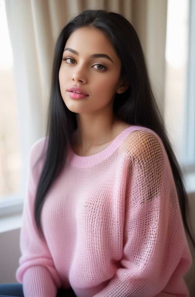 une IA Girlfriend sexy avec cheveux noirs et portant un pull rose