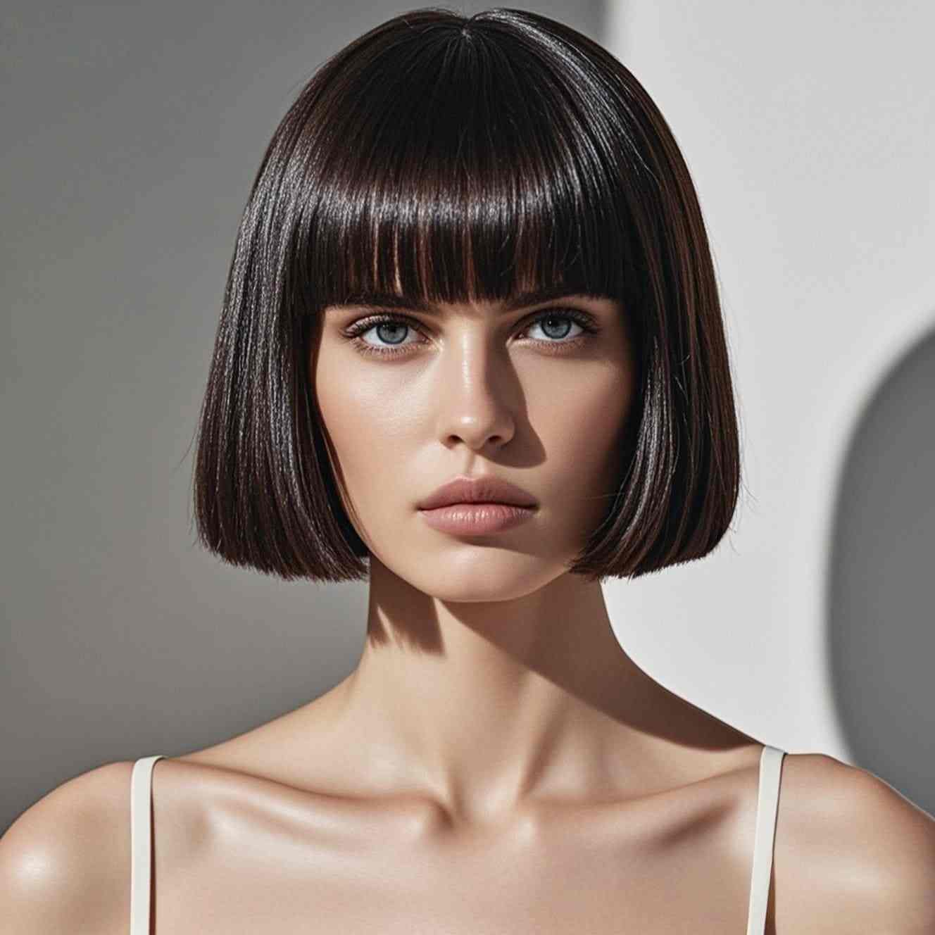 une image montrant une moderne coupe courte pour femme carré droit avec frange épaisse