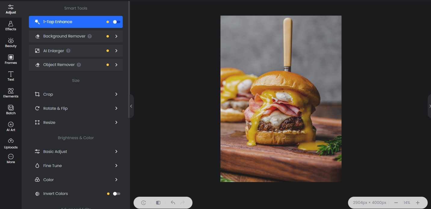 upload a burger photo on fotor's photo editor