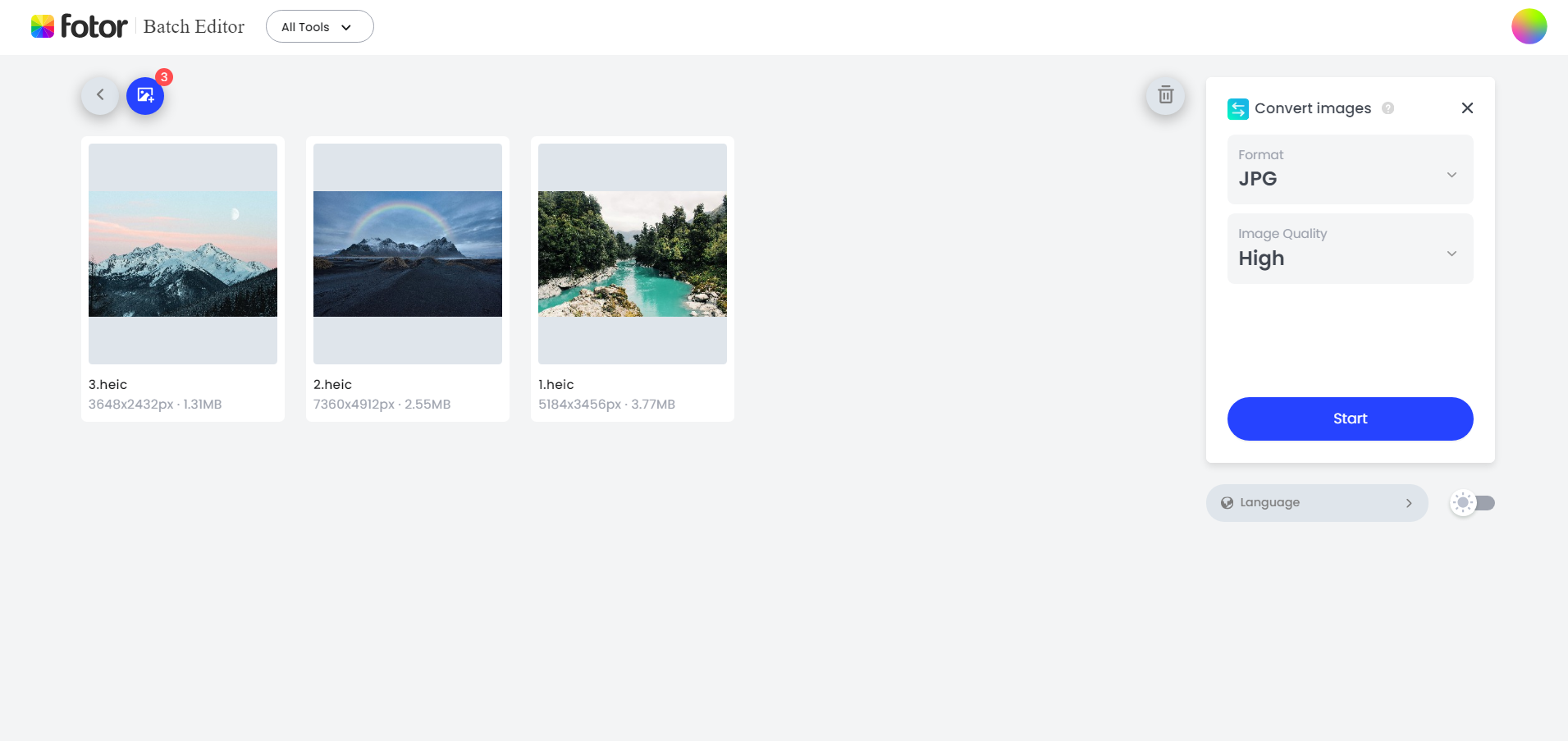 upload three heic images to fotor online heic to jpg converter