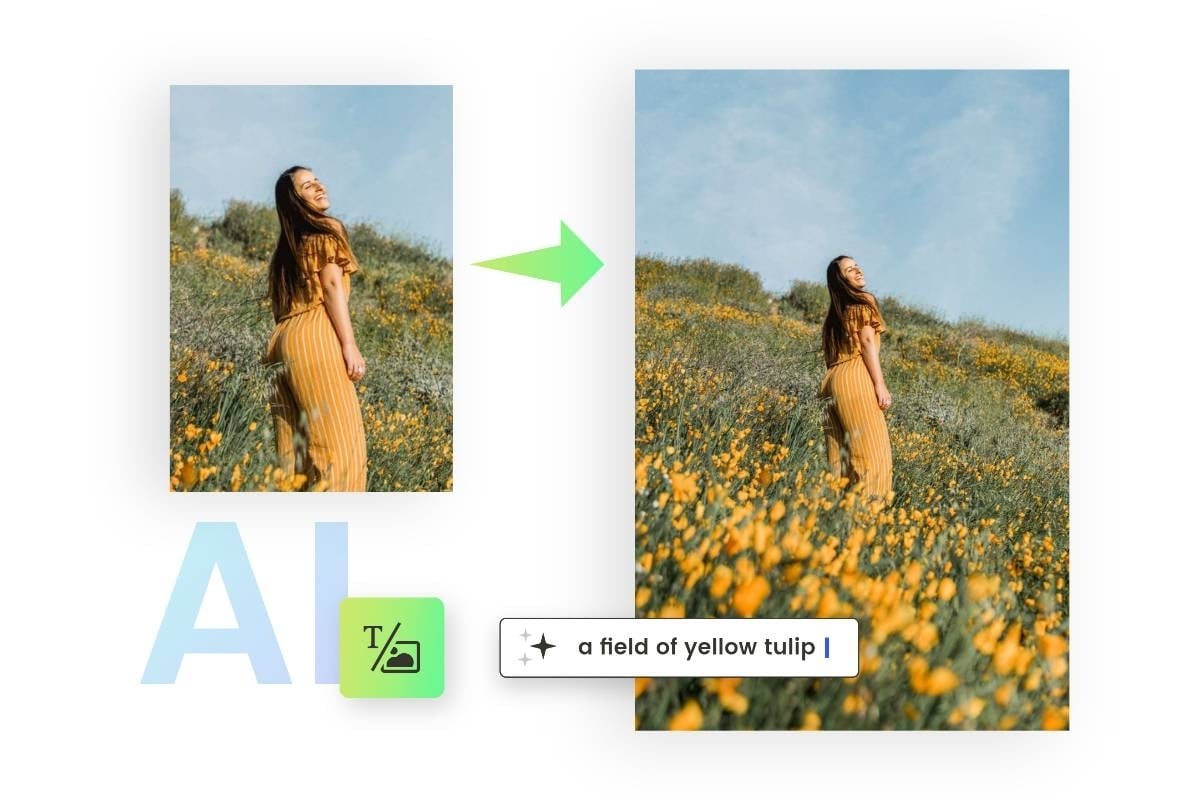 use fotor ai image extender to expand a female in the field of tulip image background automatically