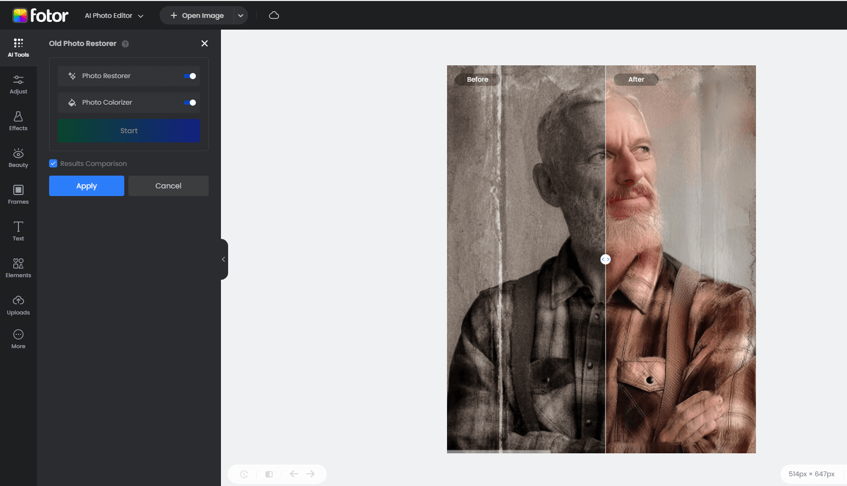 use fotor old photo restorer to restore and colorize old photo of an elderly man