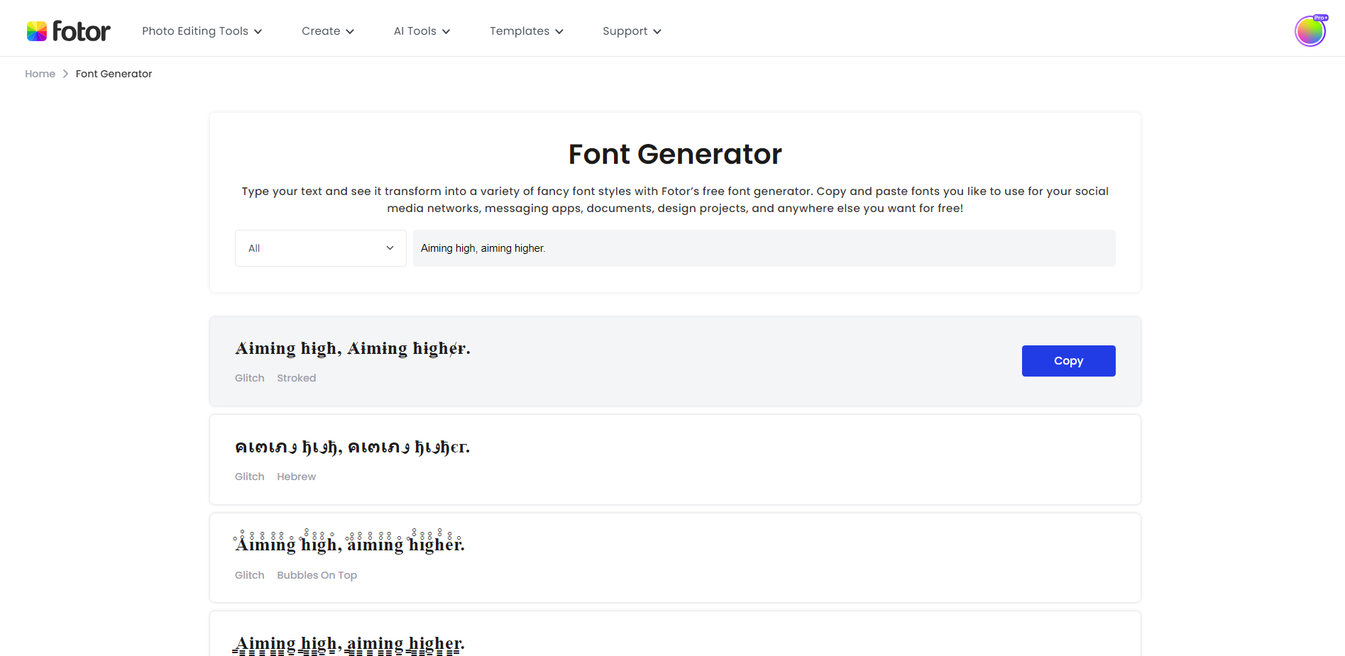use fotor online font generator to create stylish font for instagram bio for girl