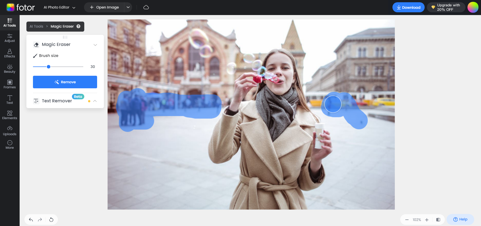 use fotor online object remover to remove passersby from image