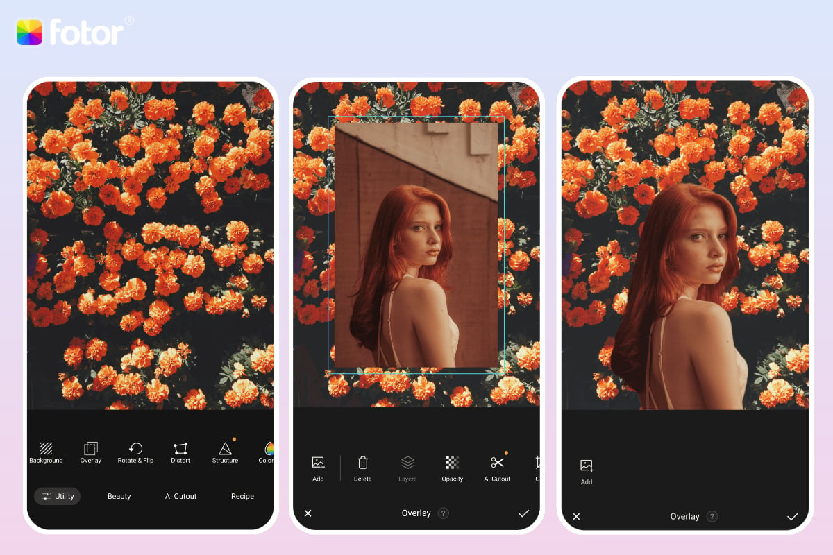 use the overlay tool in the Fotor app to overlay a girl picture on the flower wall picture
