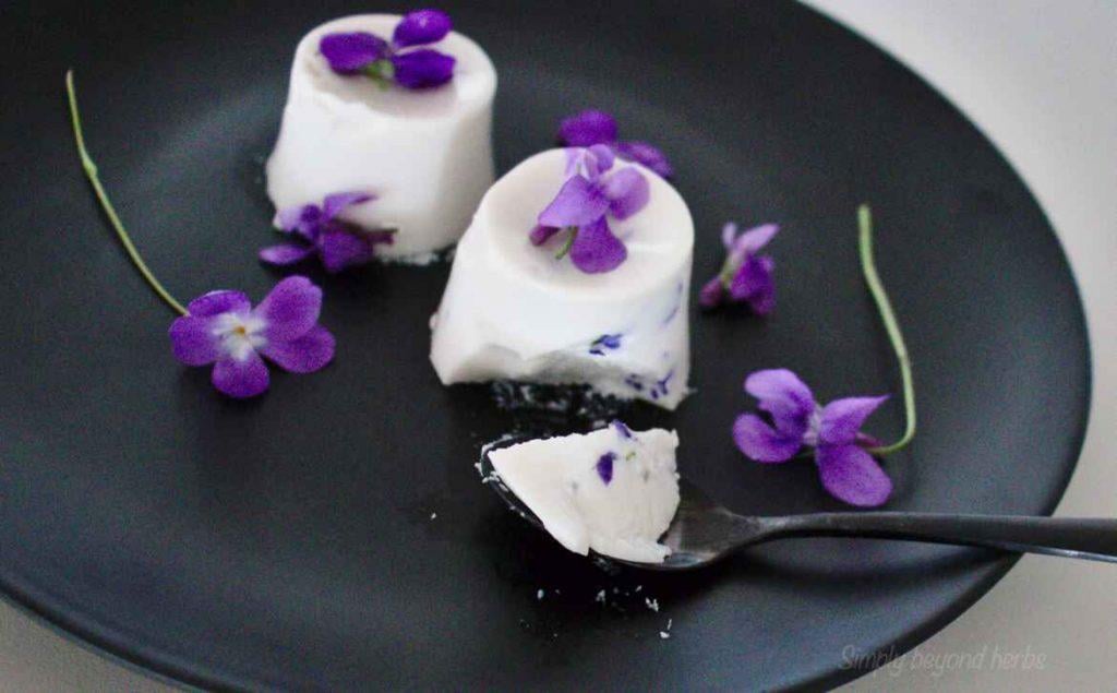 violet flower and two cream cakes on the plate