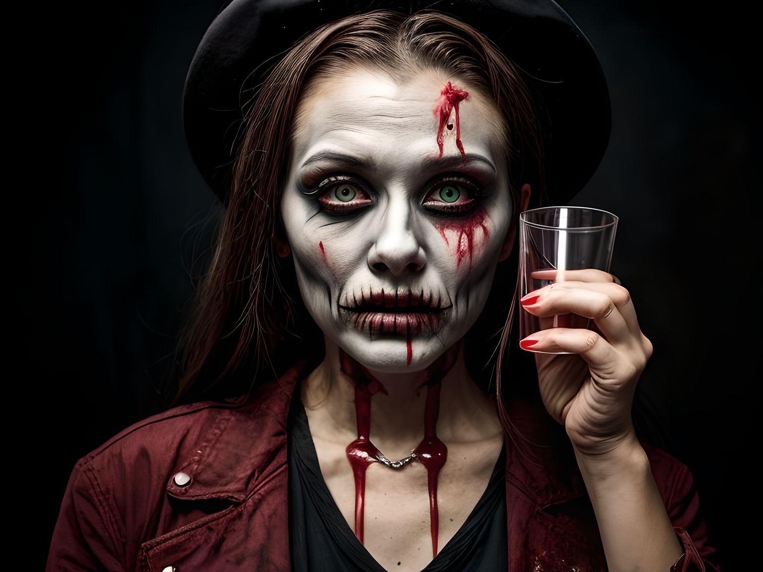 woman hold a blood glasses with scary and spooky zombie makeup