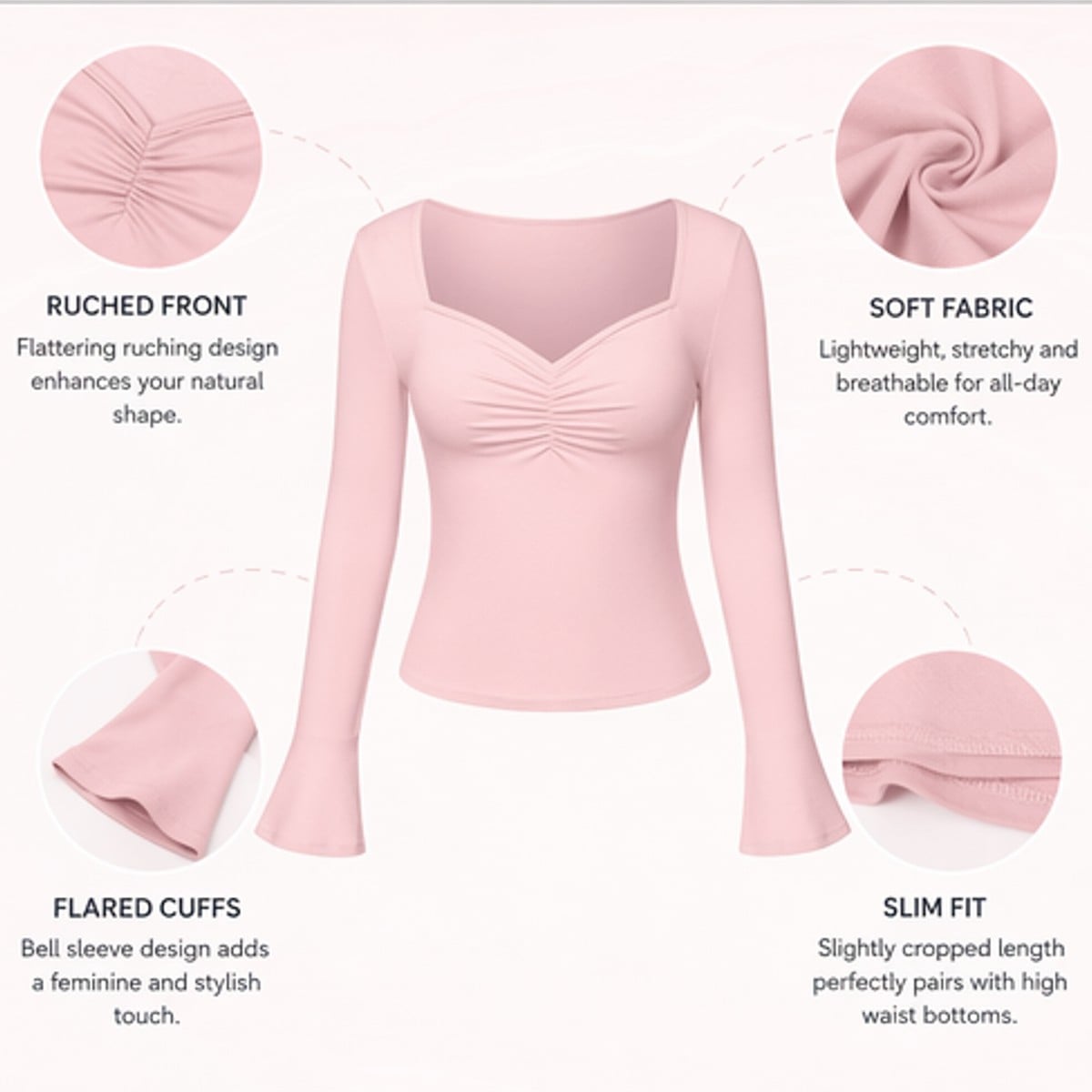 A feature highlights image of a pink womens long sleeved pink top
